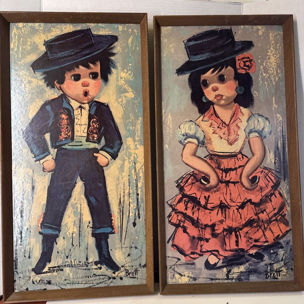 Brett Framed Art Big Eyes Spanish Matador Boy Flamenco Girl Vintage 25”x13”